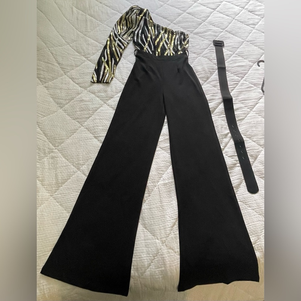 Stunning black, gold , and white jumpsuit.